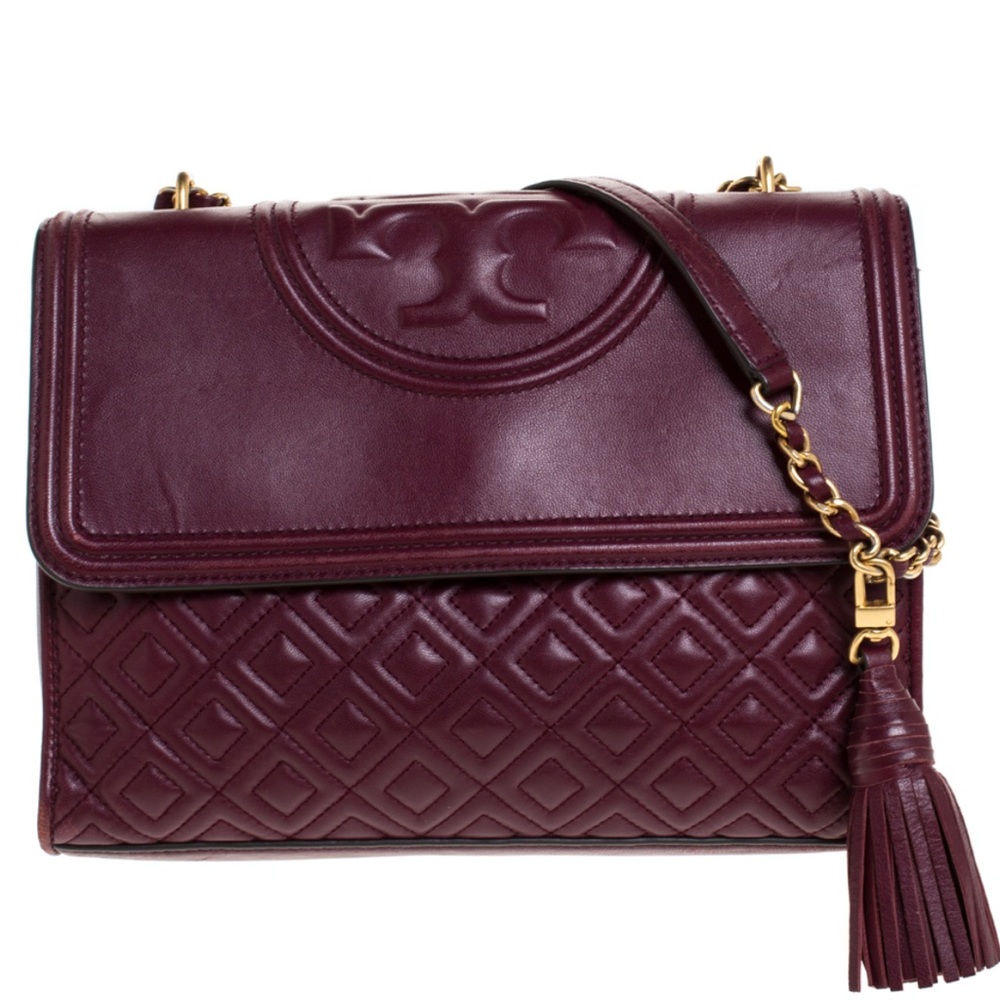 Tory Burch Elegant purple/maroon Quilted Leather Bag Fleming style gold hardware